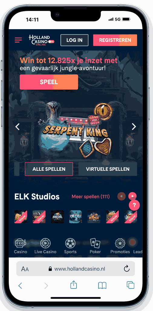Mobiele screenshot van Holland Casino Online met banner voor Serpent King, registratieknop en spelcategorieën