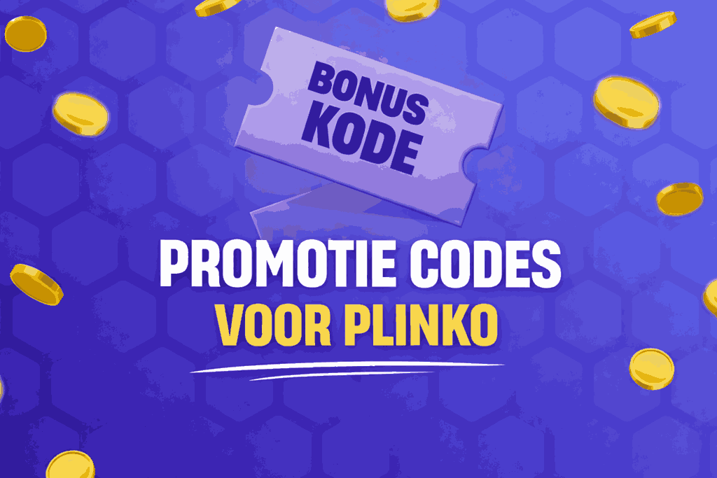 Grafische banner met tekst promotie codes voor Plinko en bonus kode op een ticket met vallende munten op blauwe achtergrond