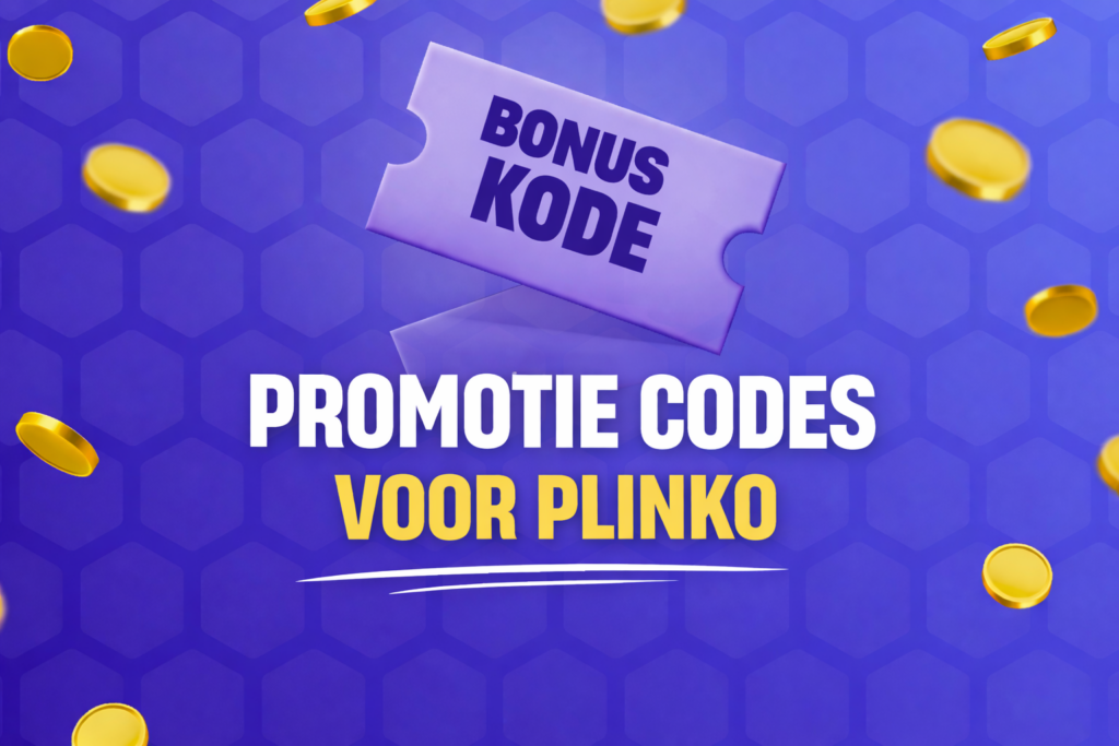 Grafische banner met tekst promotie codes voor Plinko en bonus kode op een ticket met vallende munten op blauwe achtergrond