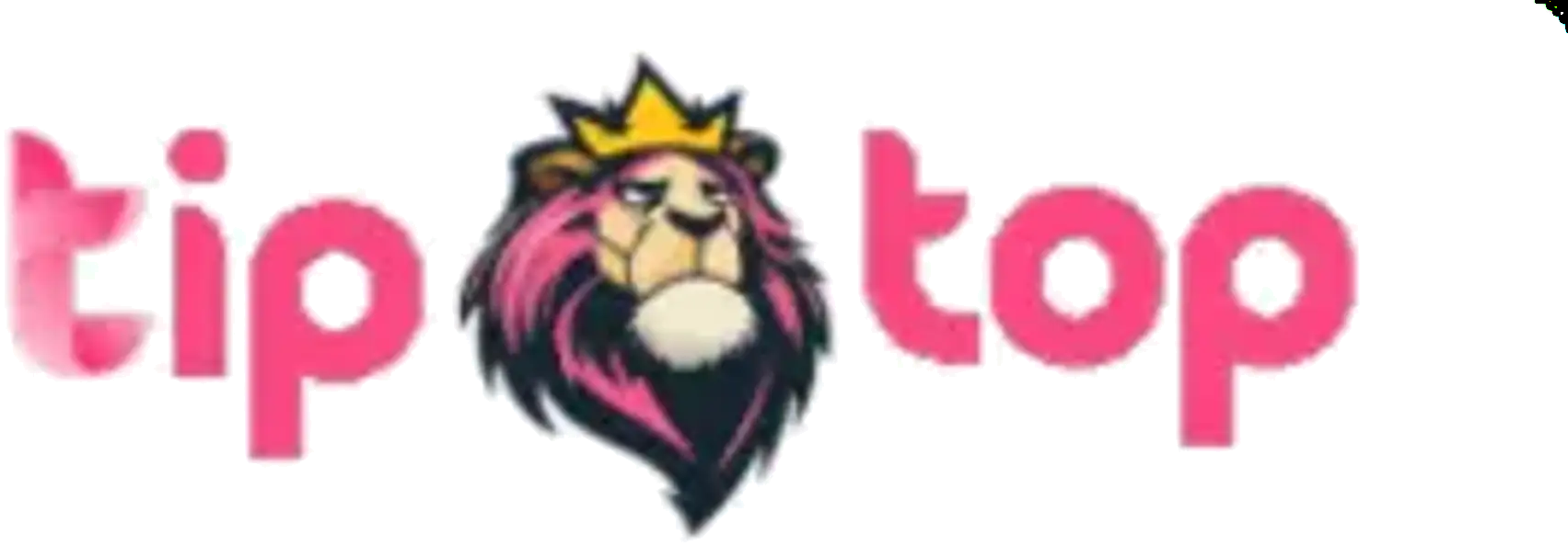 Logo van Tip Top met roze tekst en een gekroonde leeuwenkop in het midden op lichte achtergrond