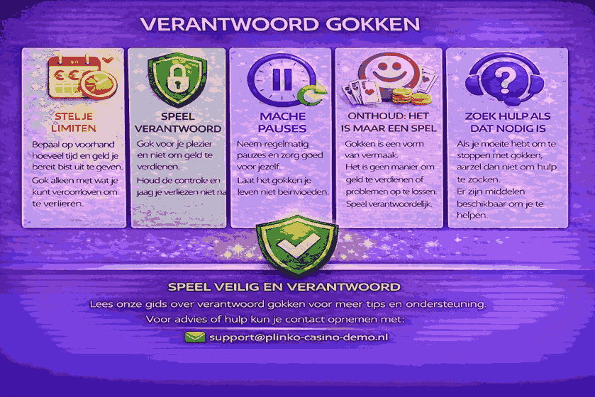 Informatieve afbeelding over verantwoord gokken met tips over limieten, pauzes, spelcontrole en hulp zoeken op plinko-casino-demo.nl