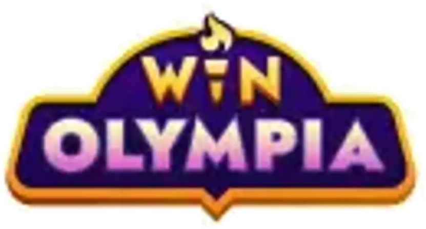 Logo van Win Olympia met paars roze belettering en goudkleurige rand op lichte achtergrond
